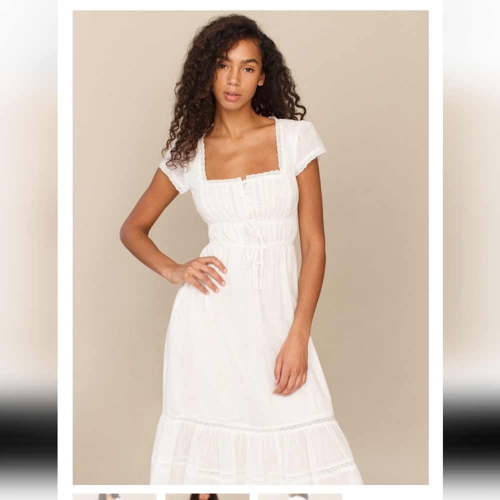 White Square-Neck Midi Dress with Lace Trim